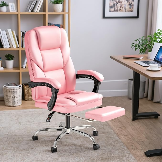 Furmax Executive Office Chair with Foot Rest Big and Tall Office Chair Ergonomic Home Office Desk Chairs Reclining High Back Leather Chair with Lumbar Support, 400LBS (Pink)