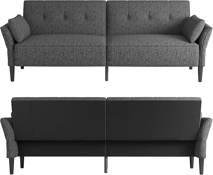 89” Futon Sofa Bed,Comfy Futon Couch Bed with 2 Square Pillows,Convertible Sleeper Sofa with Adjustable Backrest& Armrests, Modern Loveseat Sleeper for Living Room, Bedroom, Linen Dark Gray
