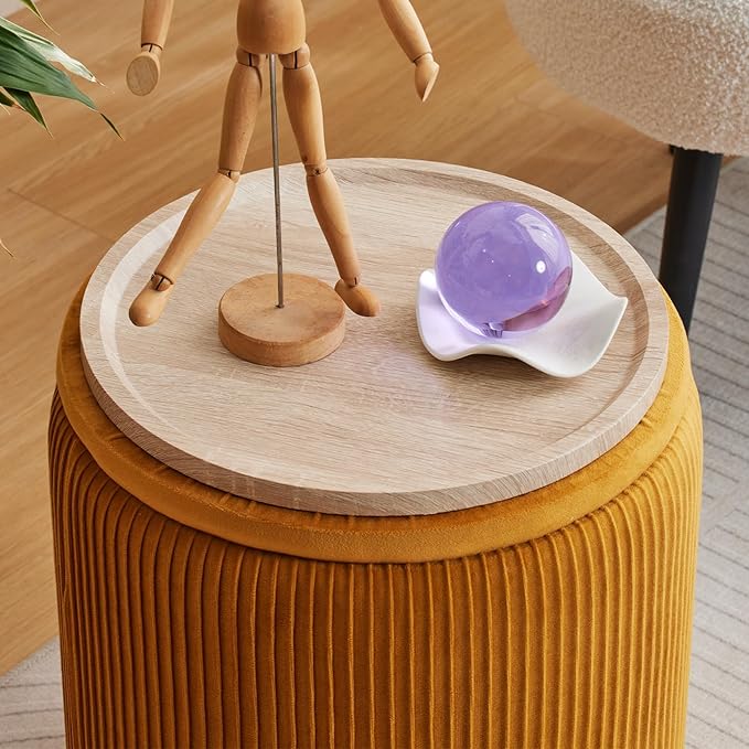 Round Ottoman with Storage Set of 2-Upholstered Sherpa Vanity Stool for Makeup Multifunctional Ottomans Coffee Table Padded Seat Foot Rest (Engineered Wood, Yellow-Upgrade Taray Lid)