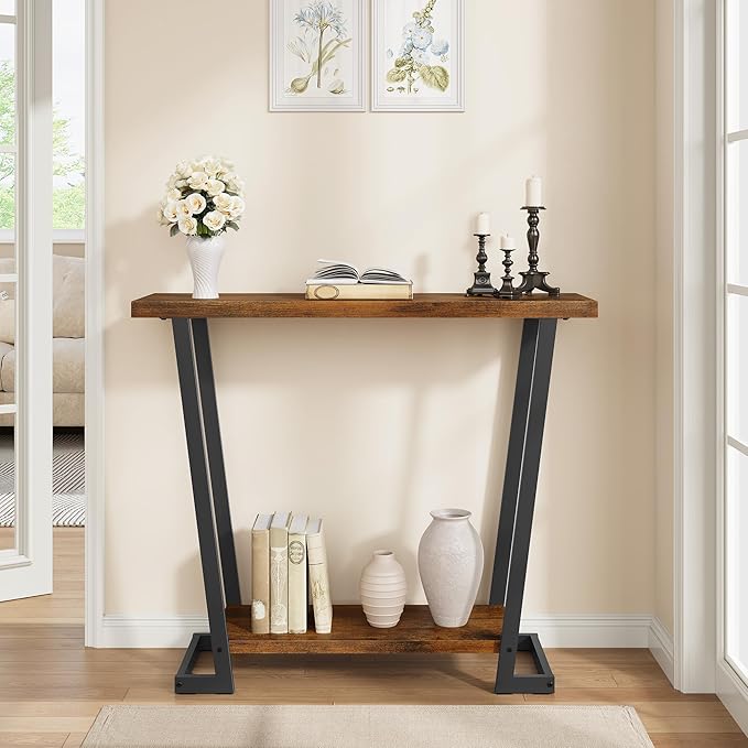 Tajsoon 2 Tier Narrow Console Table Rustic, 31.5'' Industrail Entryway Table with Storage, Thin Sofa Table with Gemometric Frame for Hallway, Living Room, Foyer, Entrance, Rustic Brown