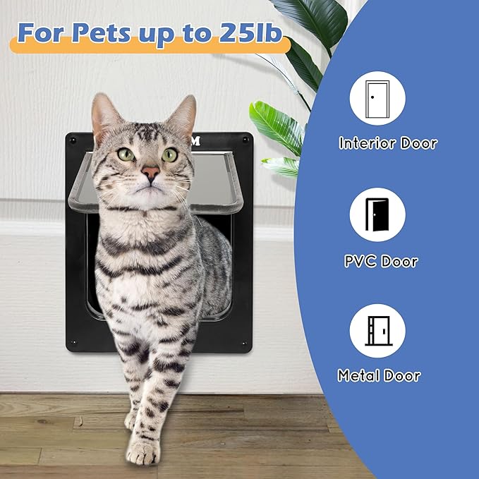 Wordcam X-Large Cat Door, Strong Cat Door for Interior Exterior Doors, 4 Way Locking Pet Door for Cats Up to 25lbs, Cat Flap for Kitten Doggies, Easy Installation, Weatherproof (Black,XL)