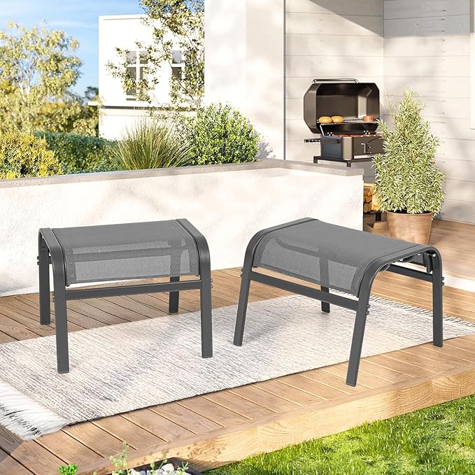 ONBRILL Outdoor Ottoman Set of 2, All Weather Outdoor Foot Stool with Supportive Textliene and Metal Frame, Stackable Oversized Outdoor Foot Rest for Furniture Patio Garden Pool, Grey