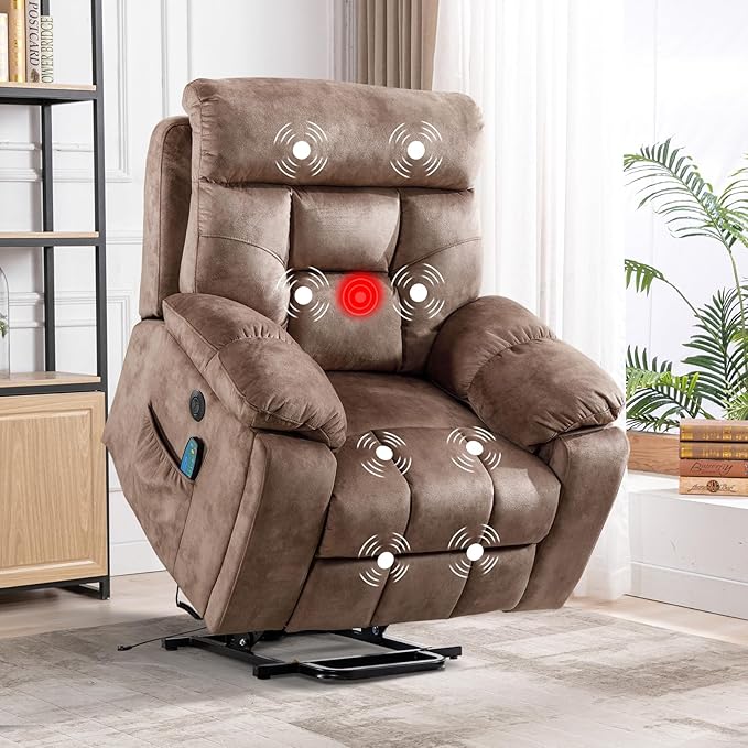 CANMOV Large Power Lift Recliner Chair with Massage and Heat for Elderly Big and Tall People, Overstuffed Wide Recliners with 2 Cup Holders, Side Pocket and USB Port, Camel