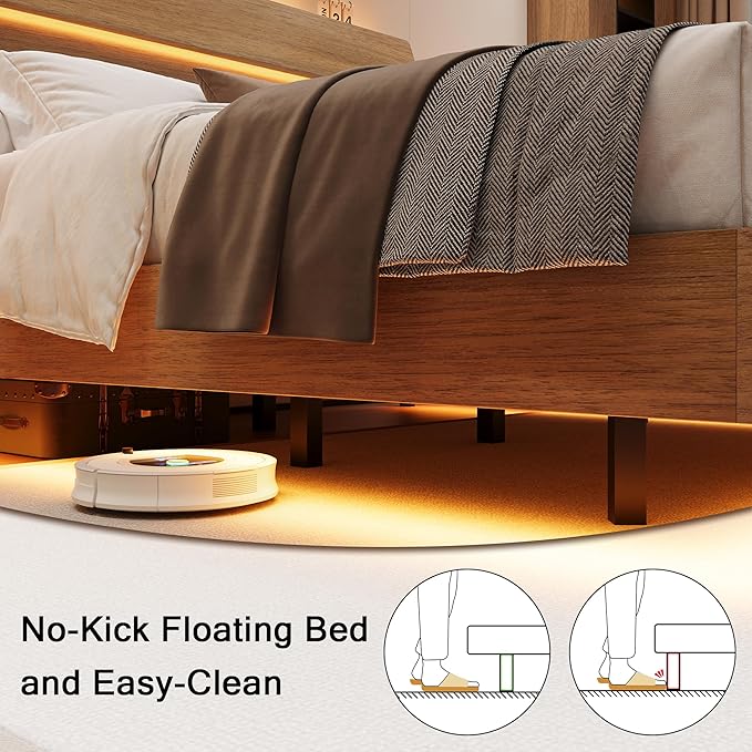Queen Floating Bed Frame with Charging Station, Led Bed Frame with Wood Storage Headboard, Heavy Duty Metal Slats, No Box Spring Needed, Noise Free, Easy Assembly, Walnut