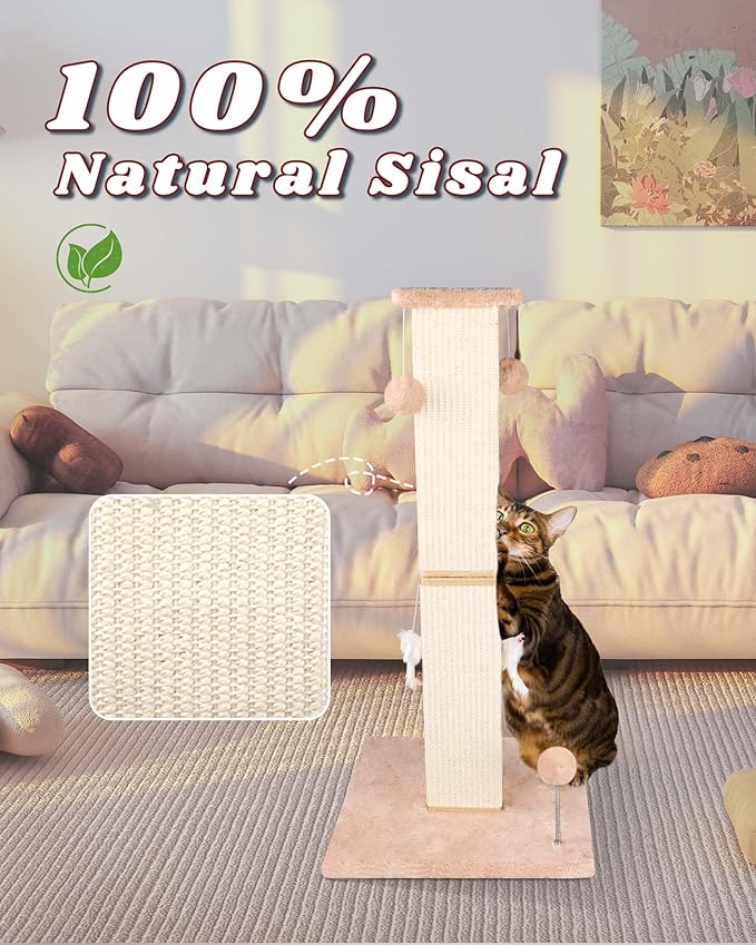 ANWA Large Cat Scratching Posts for Indoor Cats, 32" Tall Vertical Cat Scratching Post with Dangling Toys, Premium Sisal Rope Post Scratcher for Cats at All Ages, Beige