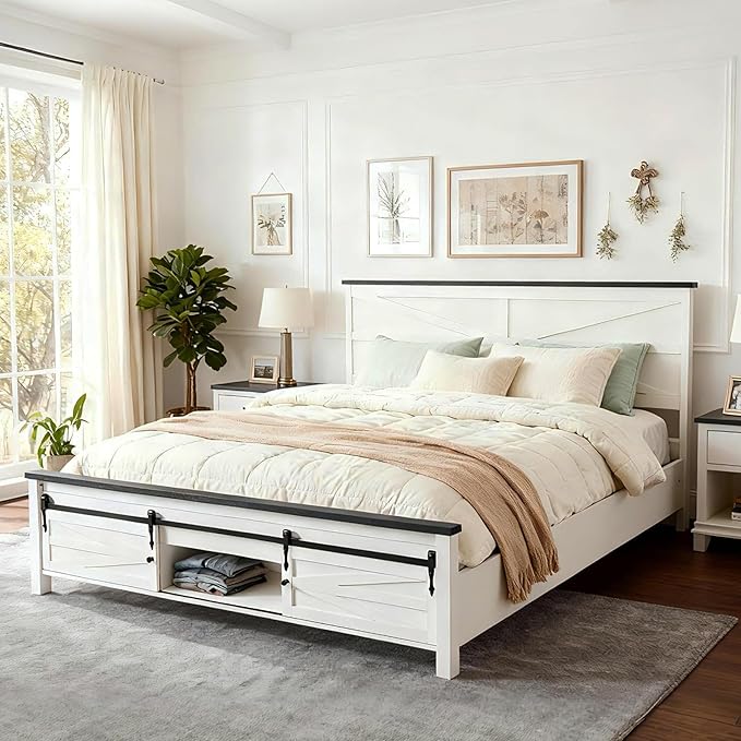 JXQTLINGMU Farmhouse Queen Size Bed Frame with 47" Tall Headboard, Wood Queen Bed Frame with Storage Cabinet, Solid Wood Slats Support, Noiseless, No Box Spring Needed (Antique White)