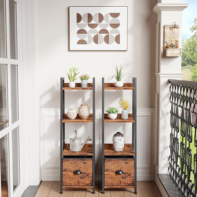 Furologee 4 Tier Narrow Ladder Shelf, Ladder Bookshelf with Drawer, Industrial Shelves Storage Rack Organizer,Skinny Display Shelving Units for Living Room, Home Office, Bedroom,Rustic Brown