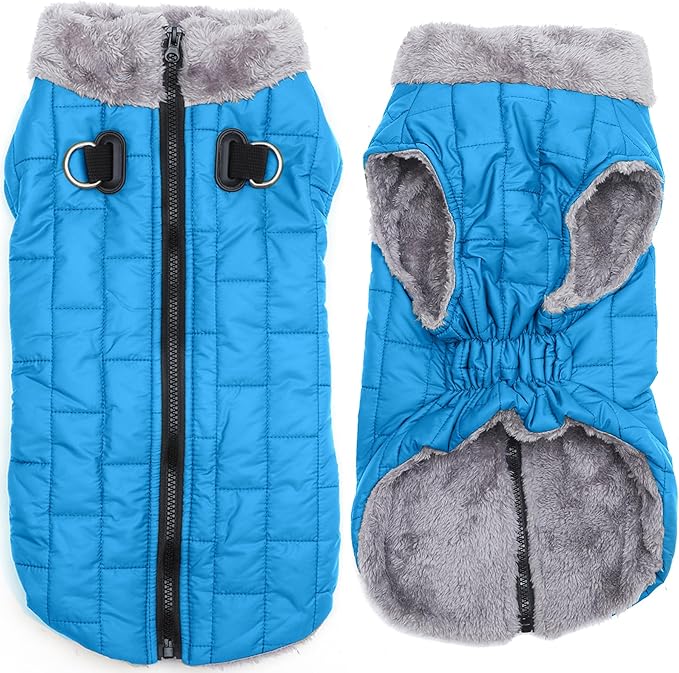 Warm Fleece Dog Coats with Durable Harness Buitl in D-Ring,Waterproof Doggie Jacket for Large Dogs,Dog Vest for Cold Winter,Light Blue XXXL