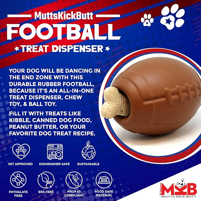 SodaPup MuttsKickButt Football – Durable Dog Treat Dispenser & Chew Toy Made in USA from Non-Toxic, Pet Safe, Food Safe Natural Rubber for Mental Stimulation, Problem Chewing, Calming Nerves & More