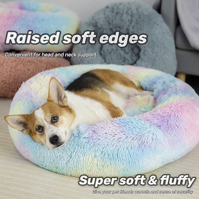 Anti Anxiety Round Fluffy Plush Faux Fur Warm Washable Dog Bed & Cat Bed, Original Bed for Small Medium Large Pets,Used to Relieve Joints and Improve Sleep(20"/24"/27'') (24", Rainbow)