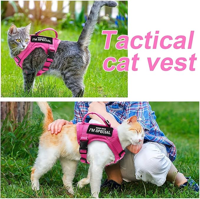 Forestpaw Cat Harness Escape Proof for Walking,Adjustable Cat Vest Harness with Soft Mesh Padded,Tactical Cat Harness with Control Handle,Molle Patches,Hot Pink