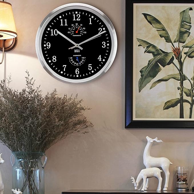 HITO 12 Inch Silent Wall Clock Battery Operated Non Ticking Glass Cover Silver Aluminum Frame, for Kitchen, Bedroom, Home Office, Living Room Decor (12" Black)