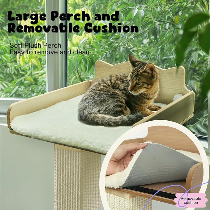 Cat Window Perch with Thick Sisal Scratching Post, Cat Hammock for Window, 53.5" Adjustable Tall Cats Scratching Post with 2 Upgrade Suction Cups, Cats Window Bed with Fuffy Cushion, Sisal
