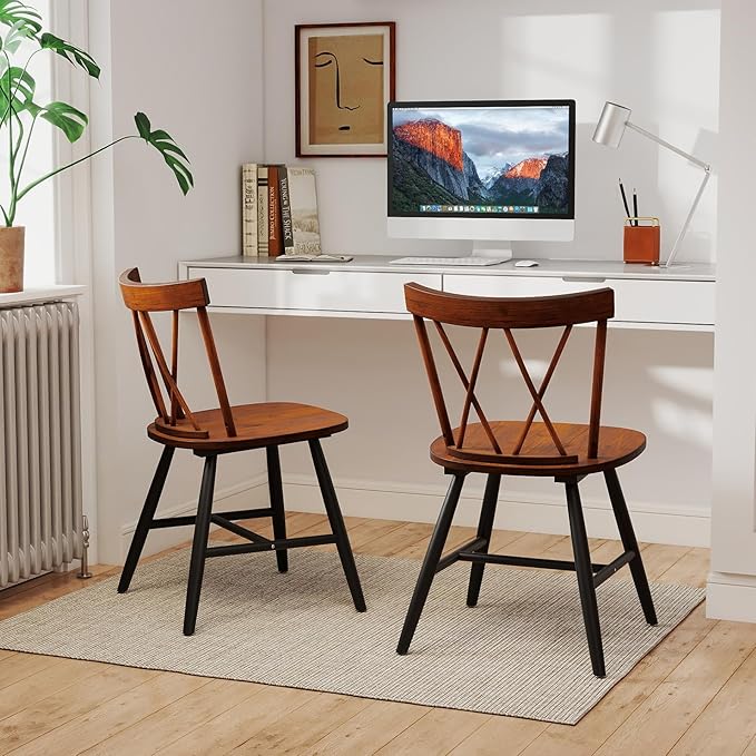 Giantex Wooden Dining Chairs Set of 4, Farmhouse Windsor Kitchen Chairs w/Cross Back, Wide Seat, Rubber Wood Frame, Armless Side Chairs for Kitchen, Dining Room, Living Room, Restaurant, Dark Oak