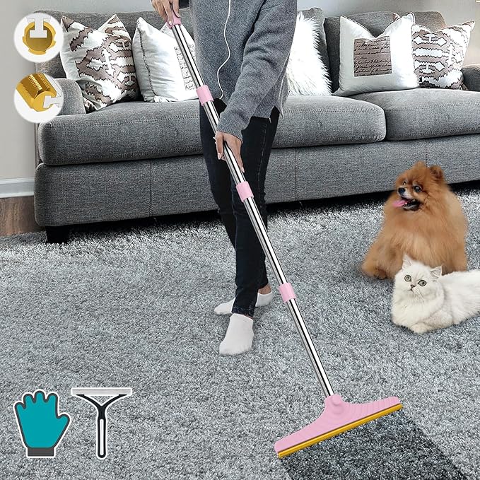 B-Land Carpet Rake for Pet Hair Removal, Reusable Pet Hair Remover with 60” Adjustable Long Handle, Carpet Scraper Dog Cat Hair Remover Tool for Rugs, Mats, Couch, Furniture Pink