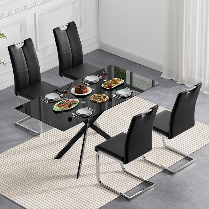 51" Rectangular Glass Dining Room Table for 4 with Tempered Glass Top and Black Metal Legs, Modern Black Kitchen and Dinner Table for Home Office Dining Room