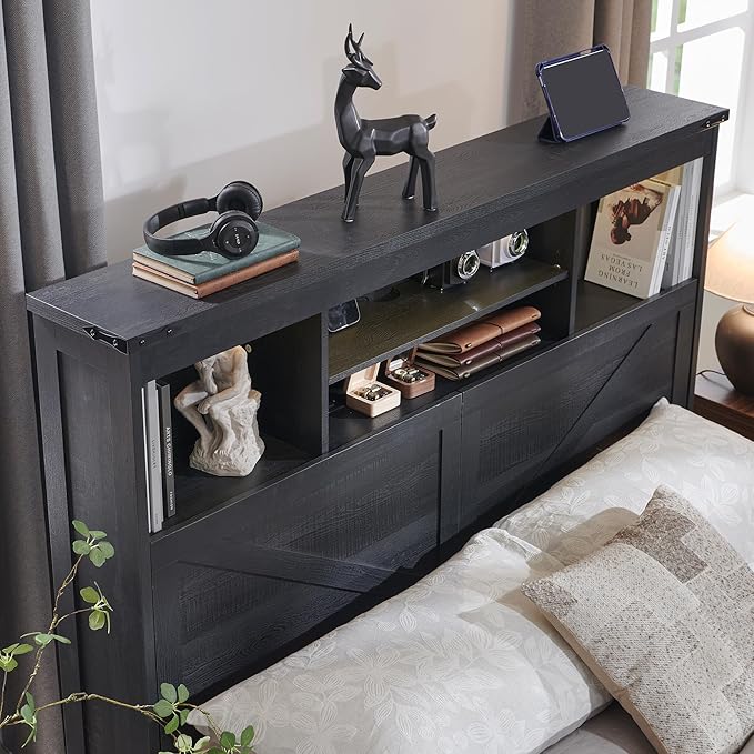 ACCOHOHO King Bed Frame Farmhouse with 52" Storage Bookcase Headboard, 4 Drawers Wooden Bed Frame, LED Light, Charging Station - Black