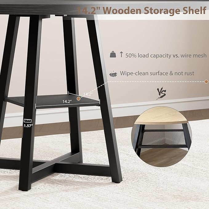 GAOMON Industrial Round Dining Table, 47 Inch Round Kitchen Table for 4, Dinner Table with Wooden Top and Metal Base for Dining Room, Living Room (Black, 47.2 in w/Storage)