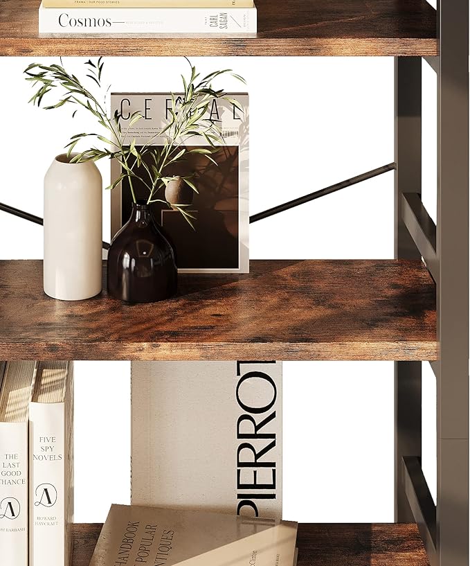 IRONCK Bookshelves and Bookcases, 31.5in Wide Shelf 5-Tier Ladder Shelf 110lbs/shelf Vintage Industrial Style Bookcase for Bedroom Living Room Home, Vintage Brown