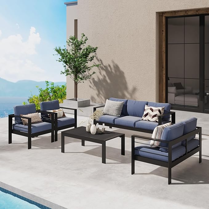 Wisteria Lane Aluminum Outdoor Patio Furniture Set, 7 Seats Modern Patio Conversation Sets, Outdoor Sectional Metal Sofa with 5 Inch Cushion and Coffee Table for Garden, Black Frame and Blue Cushion