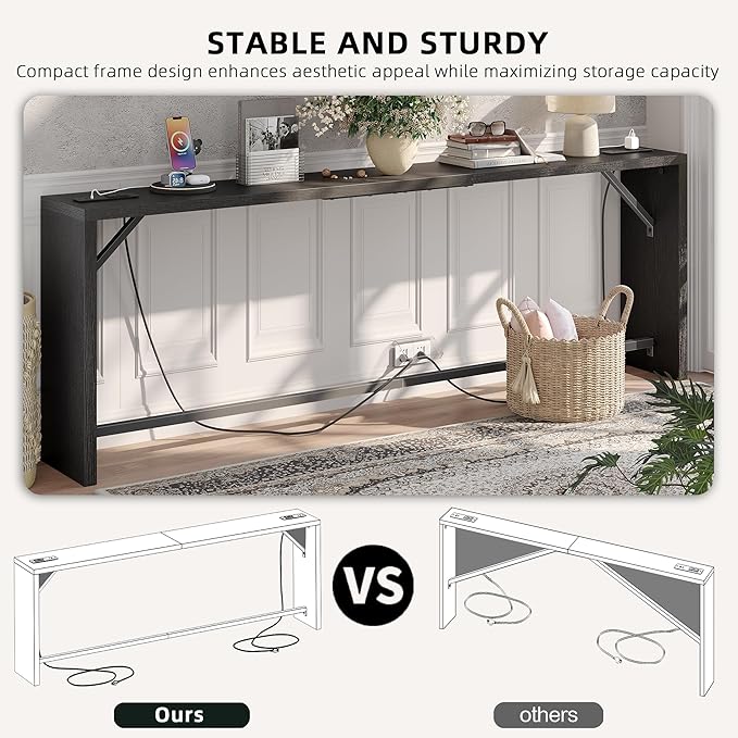 TIQLAB Sofa Table, 79''L x 9.1''W (1.2'' Thickness) Long Console Table Behind Couch, Entryway Table with Angled Metal Frame, Industrial Console Table, Black