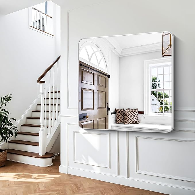 BONEWEI Silver Bathroom Mirror,48x48 inch Wall Mirror for Bathroom Wall Mounted,Rectangle Mirror for Bathroom Over Sink,Modern Frame Round Corner for Living Room,Bedroom Entryway,Horizontal/Vertical