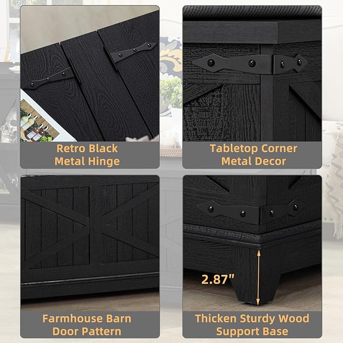 Farmhouse Coffee Table Sets 2 Pieces, Narrow Night Stand with Glass Barn Door Storage, Large Coffee Tables with Hidden Storage Organizer, Wood Furniture Sets for Living Room, Office, Black