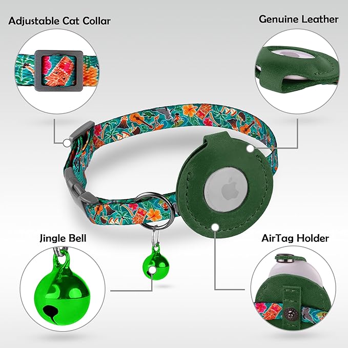 Airtag Cat Collar with Bell - Non Breakaway Soft Pet Collar with Leather Air Tag Holder - Adjustable GPS Anti-Lost Collars for Girl Boy Cats Kitten Puppies, Lightweight and Patterned (Hawaii)