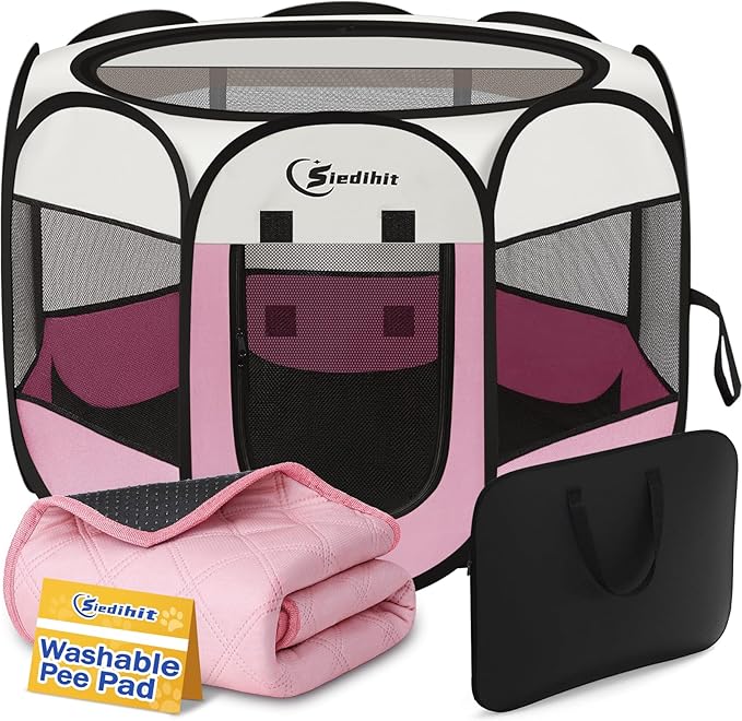 Pink Puppy Playpen for Middle Dog Cat, Dogs Tent Crate Cage Indoor/Outdoor, Portable Pop Up Dog Kennel with Carrying Bag for Rabbits, Removable Top (Pink with Pad, Medium (36" x 36" x 23"))