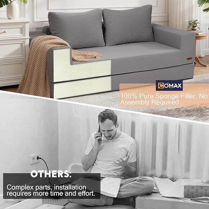 COMAX Convertible Sofa Bed Queen, Corduroy Folding Floor Couch Pull Out Couch Bed Futon Sleeper with Pillows, Fold Out Boneless Sofa Comfy Lounge Mattress Loveseat for Living Room Bedroom, Light Grey