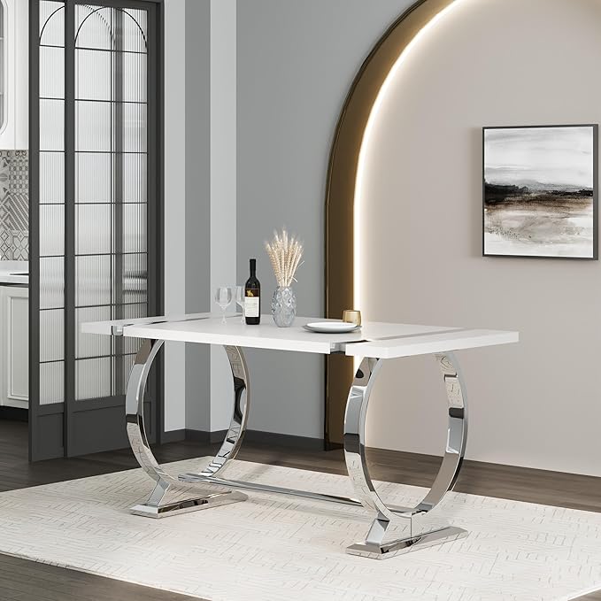 ACEDÉCOR 60in White and Silver Dining Table for 4-6, Modern Luxury Kitchen Room Table with Rectangular Lacquer Top and Silver Stainless Steel Circle Base