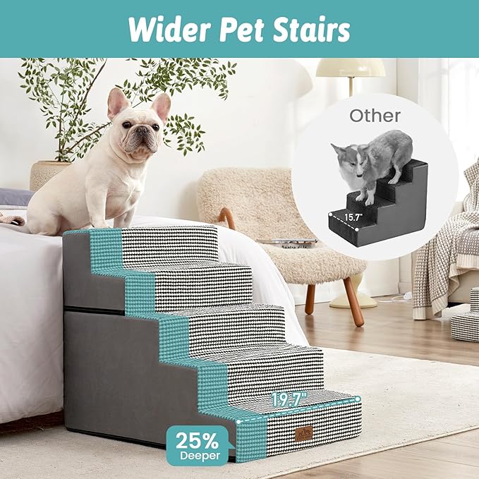 Dog Stairs for Small Dogs, 5 Tier Removable Wider Pet Stairs for Couch and Bed, 23.6" H Non-Slip Dog Steps for Puppies and Old Cats with Support Board, 29.5x19.7x23.6 inch, White Black