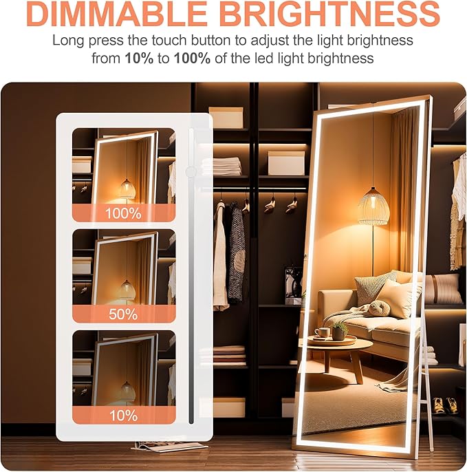 Full Length Mirror with Lights, 83" x 36" Large LED Lighted Floor Standing Body Mirror, Dimmable & 3 Color Lighting for Bedroom, Cloakroom, Dressing Room, Leaning & Hanging, Square Black