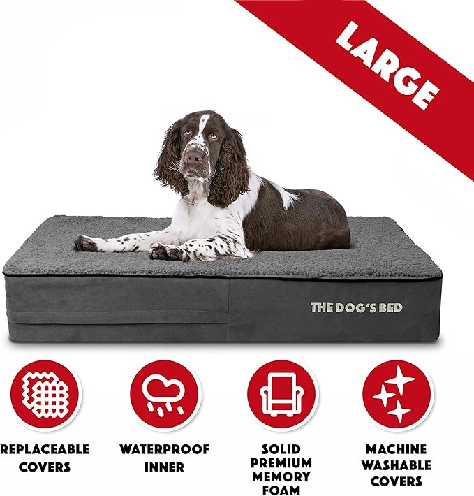 The Dog’s Bed Orthopedic Memory Foam Dog Bed, Large Grey Plush 40x25, Pain Relief for Arthritis, Hip & Elbow Dysplasia, Post Surgery, Lameness, Supportive, Calming, Waterproof Washable Cover