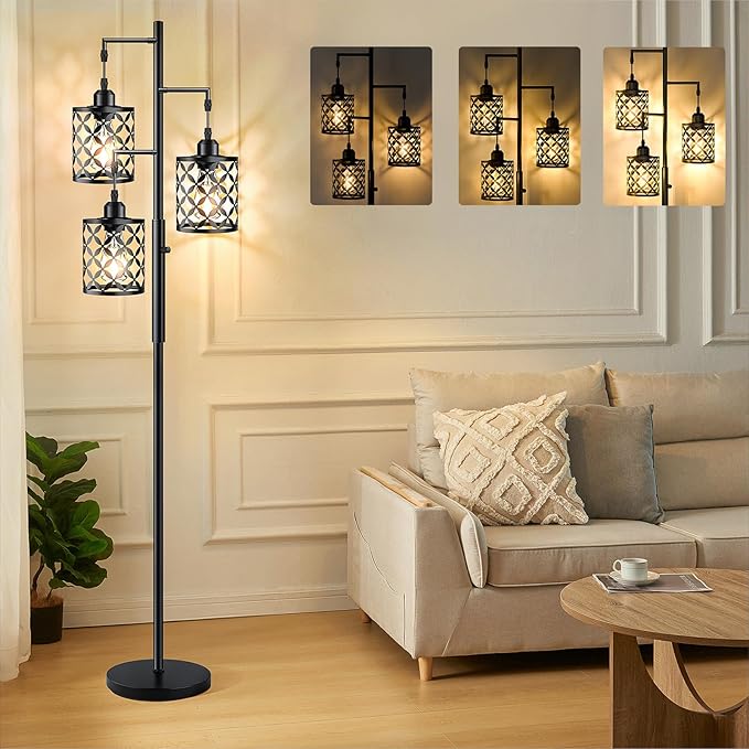 68" Dimmable Floor Lamp, Farmhouse Standing Lamp with Elegant Metal Cage, Industrial Tall Tree Floor Lamps for Living Room, Bedroom, Study Room, Office (2000LM LED Bulbs Included) - Black