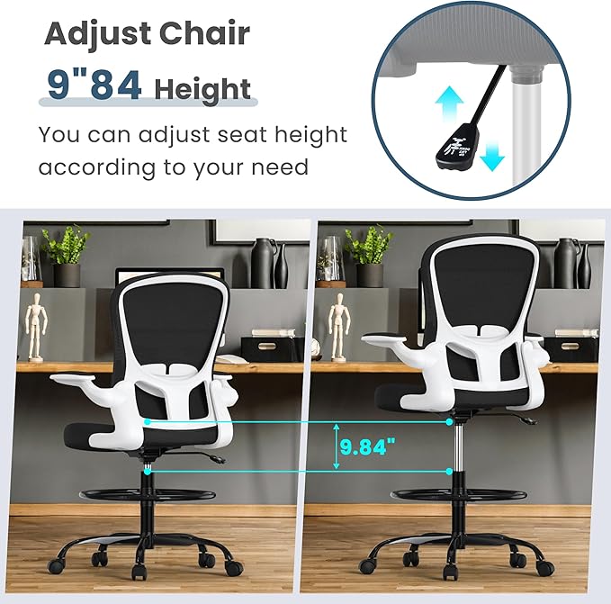 Drafting Chair, Tall Office Chair with Flip-up Armrests Executive Ergonomic Computer Standing Desk Chair, Office Drafting Chair with Lumbar Support and Adjustable Footrest Ring