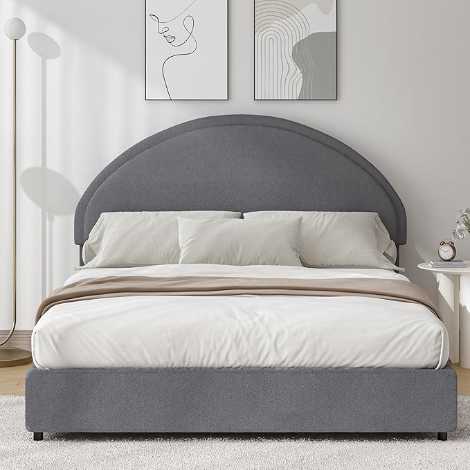 Full Size Bed Frame, Upholstered Platform Bed with Headboard, Boucle Bed Frame with Round Conner, No Box Spring Required, Easy Assembly, Grey