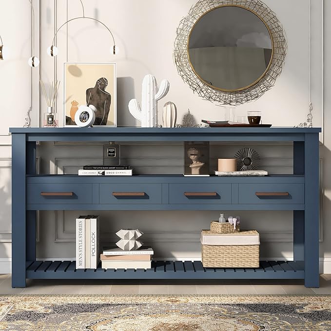 Modern Console Table 62-Inch Long Narrow Sofa Entry Table with Drawers & Open Shelves for Living Room Entryway (Navy Blue)