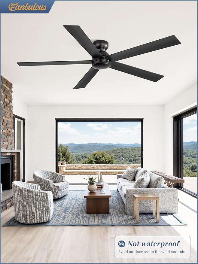 60 Inch Flush Mount Ceiling Fan no Lights, Black Ceiling Fan, 6-Speeds, Quiet Reversible DC Motor, Indoor/Outdoor Large Ceiling Fans without Lights for Living Room, Bedroom,Patio