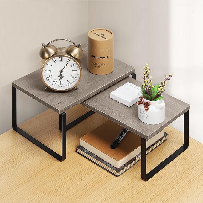 NEX Kitchen Cabinet and Counter Shelf Organizer, Shelf Riser for Pantry Countertop Cupboard Desk Top, Stackable & Expandable, Set of 4, Black and Greige