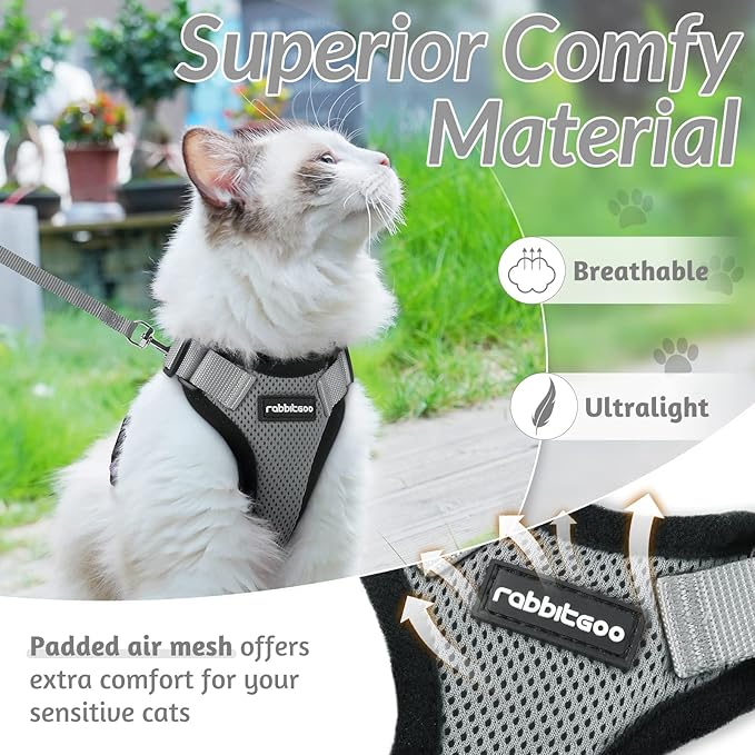 rabbitgoo Cat Harness and Leash for Walking, Escape Proof Soft Adjustable Vest Harnesses for Cats, Easy Control Breathable Reflective Strips Jacket, Grey, XXS