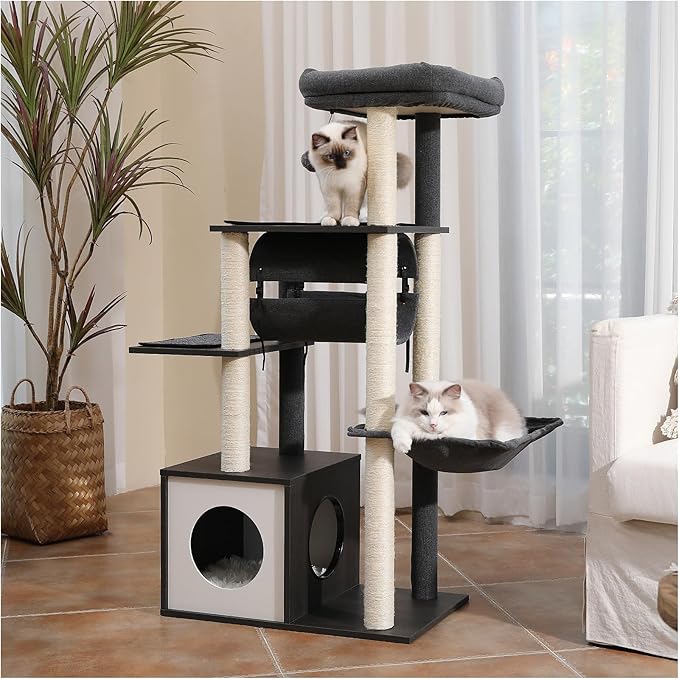 52" Modern Cat Tree for Large Cats, Wooden Cat Tower with Fully Sisal Covered Scratching Posts, Luxury Cat Furniture with Spacious Perch, Super Large Hammock, Cozy Condo and Swing Tunnel Black