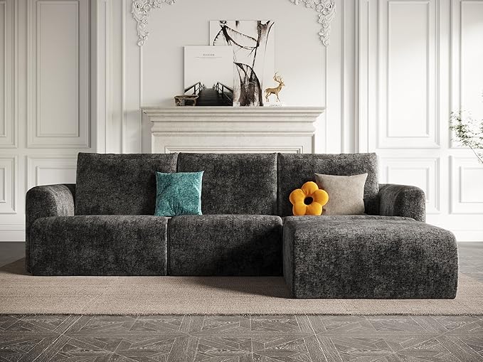 EASE MOOSE Sectional Cloud Couch for Living Room, Modular Boneless Sofa L-Shaped, Modern Cloud Sofa Set with Fluffy Foam, Oversized 4-Seater Comfy Sofa with Ottoman for Bedroom, Chenille (Dark Grey)