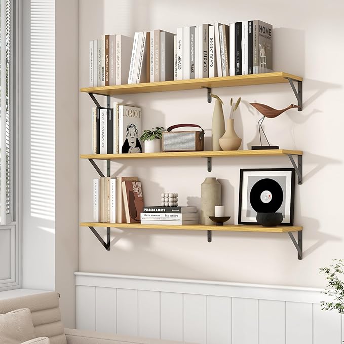 Axeman 40 Inch Floating Shelves | 8 Inch Deep Oak Wall Shelves Set of 2 | 39.4W x 8D Rustic Wood Shelves for Bookshelf Living Room Bedroom Home Office Bathroom