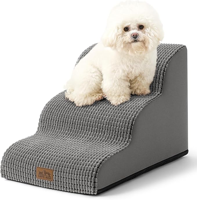 Dog Stairs for Small Dogs 15.7" H, Curved Dog Step for Puppy, Older Cat, Medium Pet Ramp for Sofa, Couch or Chair, Ladder with High Density Foam, 15.7x22.4x15.7 inch, 3 Step, Dark Grey