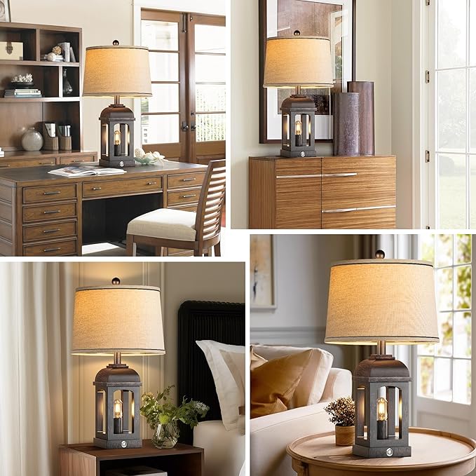 QiMH Table Lamp for Living Room, Farmhouse Lamps with USB A+C and Nightlight, 26" Rustic Bedside Lamps with 3-Way Dimmable Touch Control, Nightstand Lamp for Bedroom, Bronze, 1 Pack