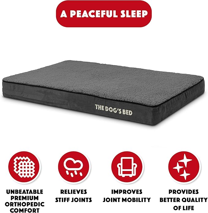 The Dog’s Bed Orthopedic Memory Foam Dog Bed, Large Grey Plush 40x25x4, Pain Relief for Arthritis, Hip & Elbow Dysplasia, Post Surgery, Lameness, Supportive, Calming, Waterproof Washable Cover