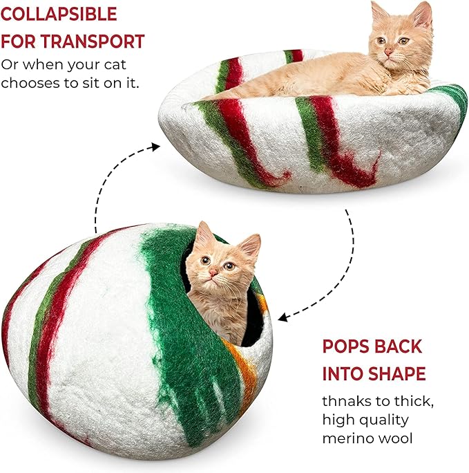 Woolygon Premium Felt Cat Cave Bed β Wool Kitty Beds Handcrafted Kitten Caves Bed for Indoor Cats - Made from 100% Eco-Friendly Merino Wool, Foldable Cat Hidewawy Covered Cat House Pod (Candy Swirl)