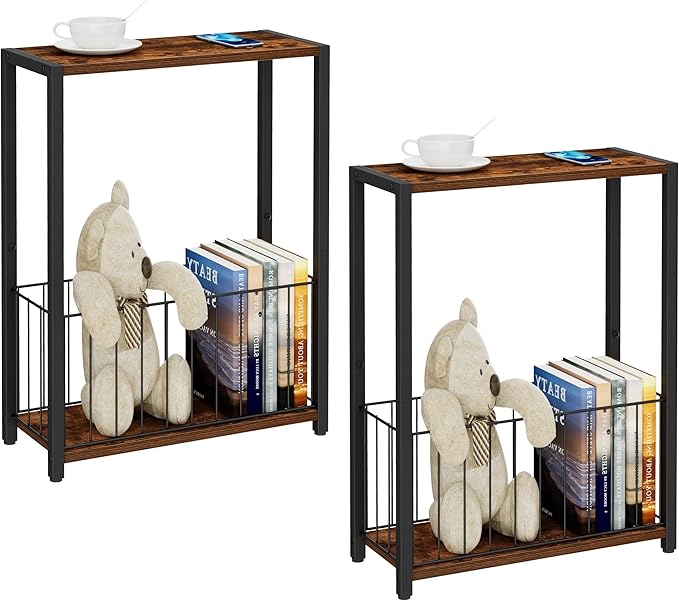 Narrow Side Tables Set of 2 with Magazine Holder, Skinny End Tables Perfect for Small Spaces, Space-Saving Design for Living Room, Bedroom, or Office, 7.1" D x 16.9" W x 23.6" H, Rustic Brown