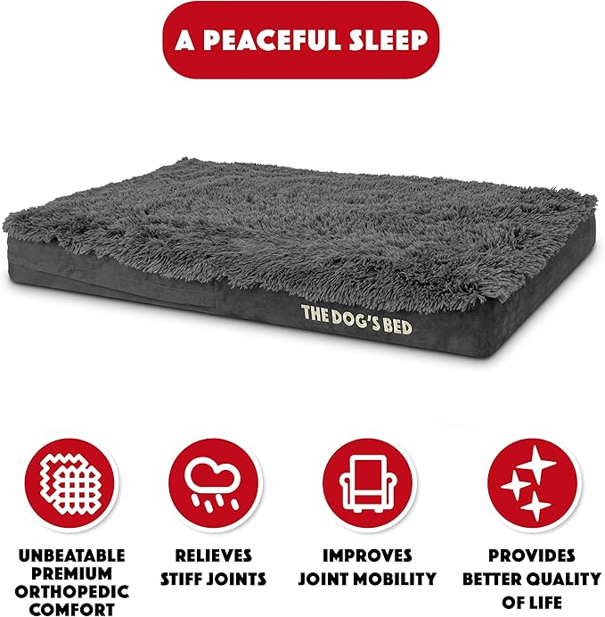 The Dog’s Bed Orthopedic Memory Foam Dog Bed, Large Grey Faux Fur 40x25, Pain Relief for Arthritis, Hip & Elbow Dysplasia, Post Surgery, Lameness, Supportive, Calming, Waterproof Cover